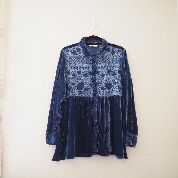 Soft Surroundings Blue Velvet Long Sleeve Buttondown Blouse sz XL - Picture 5 of 10
